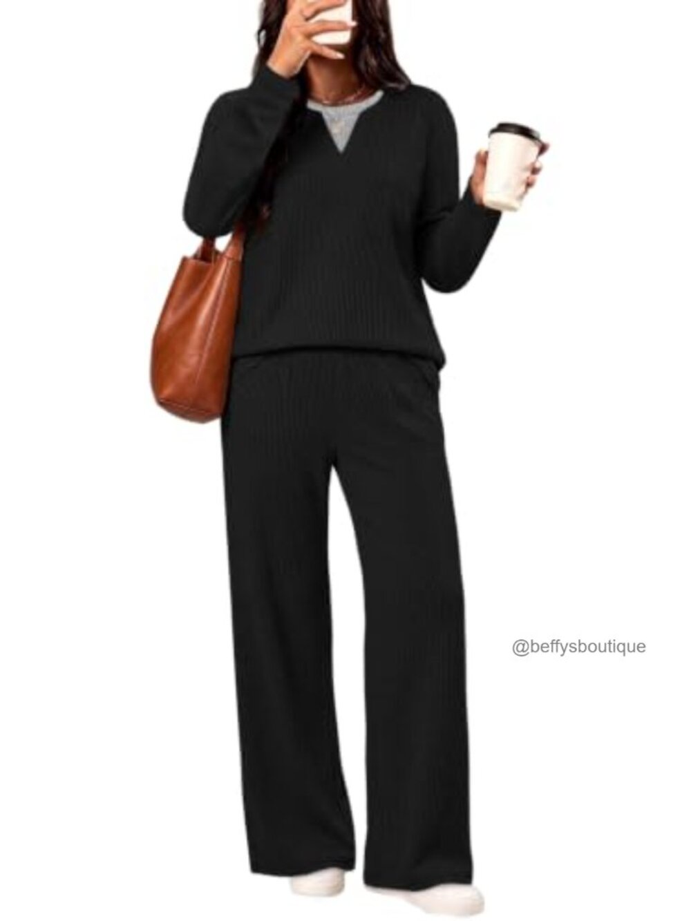 Womens 2 Piece Lounge Set Long Sleeve V-Neck Top Wide Leg Pants Fall Outfit